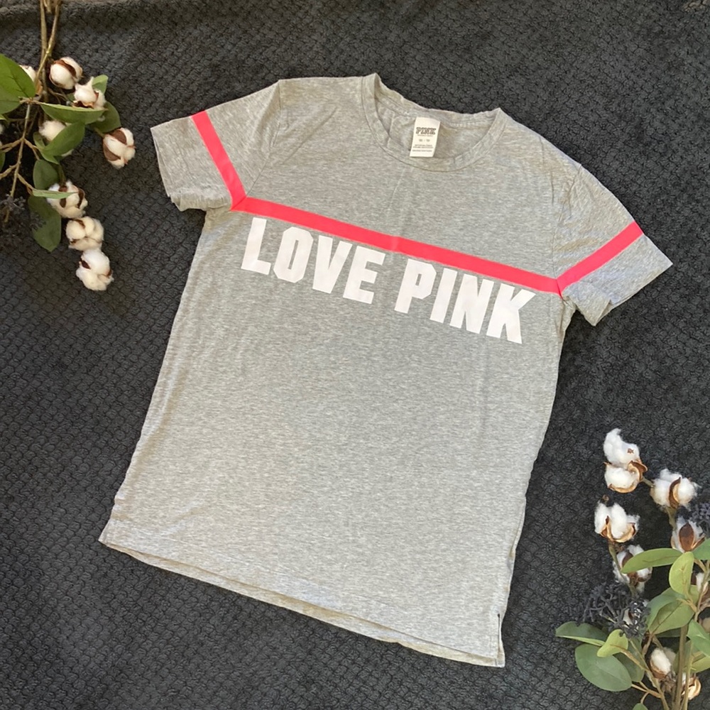 PINK brand t-shirt. Gray with bright pink stripe. Size XS